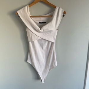 White, Ribbed, off the shoulder body suit